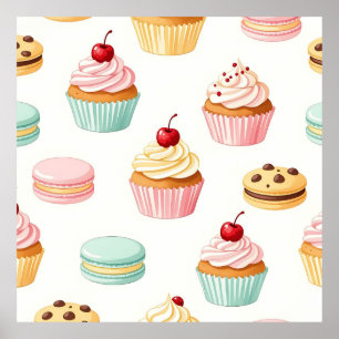 Sweet Cupcake Macaron Pattern Poster