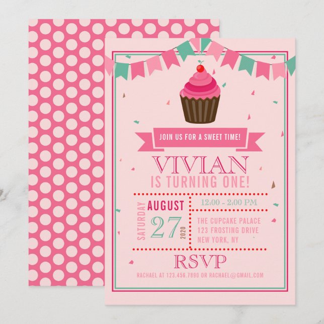 Sweet Cupcake rose Anniversaire Invitation (Devant / Derrière)