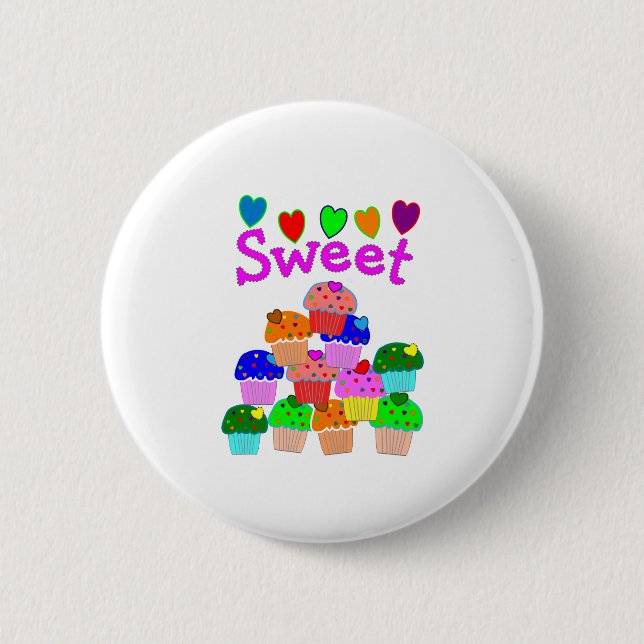 "Sweet" Cupcake Stack with Bright Hearts 2 Inch Round Button (Front)