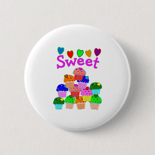 "Sweet" Cupcake Stack with Bright Hearts 2 Inch Round Button