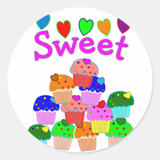 "Sweet" Cupcake Stack with Bright Hearts Classic Round Sticker (Front)