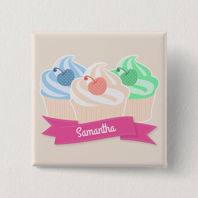 Sweet Cupcake Trio Personalised Pink 2 Inch Square Button (Front)