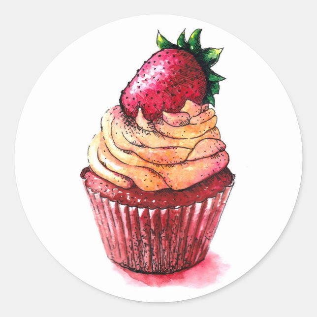 Sweet cupcake with a strawberry on top. classic round sticker (Front)