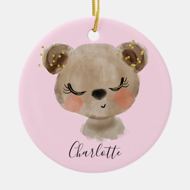 Sweet Cute Girly Pastel Blush Pink Baby Brown Bear Ceramic Ornament (Front)