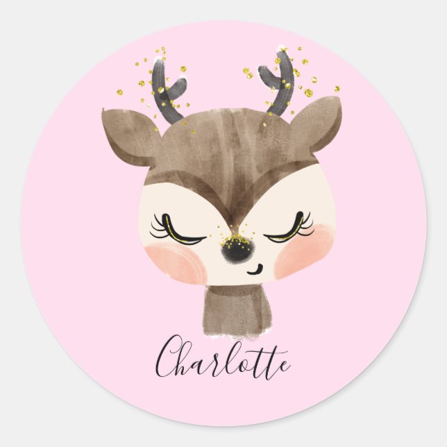 Sweet Cute & Girly Pastel Blush Pink Baby Reindeer Classic Round Sticker (Front)