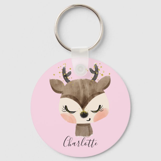 Sweet Cute & Girly Pastel Blush Pink Baby Reindeer Keychain (Front)
