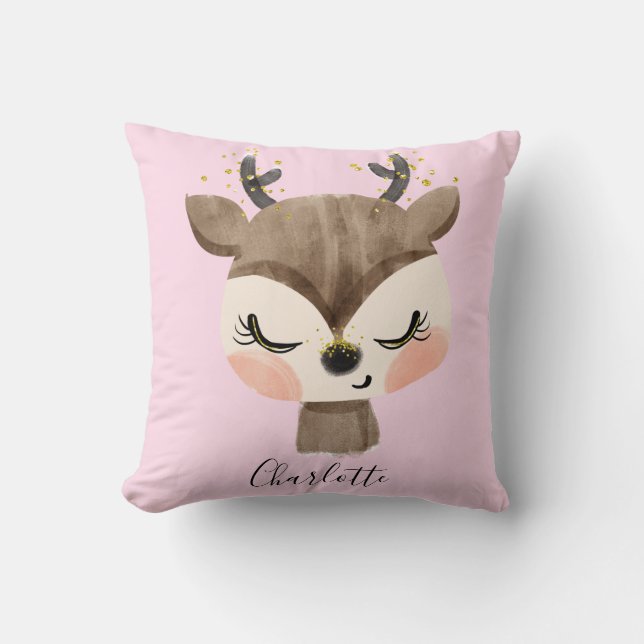 Sweet Cute & Girly Pastel Blush Pink Baby Reindeer Throw Pillow (Front)