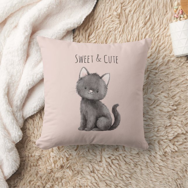 Sweet Cute Grey Cat Throw Pillow (Blanket)