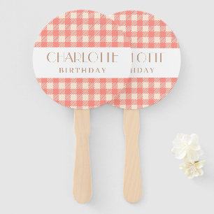 Sweet cute pale pink gingham plaid checked party hand fan