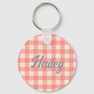 Sweet cute peach pink gingham checked plaid keychain