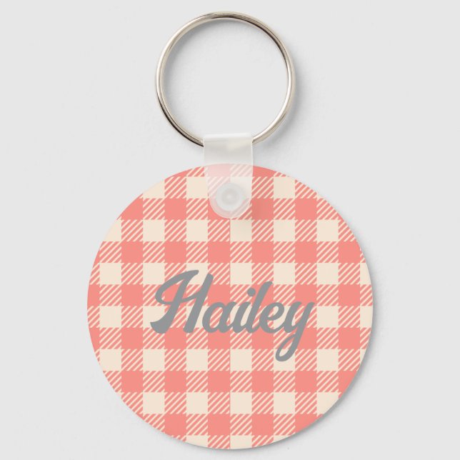 Sweet cute peach pink gingham checked plaid keychain (Front)