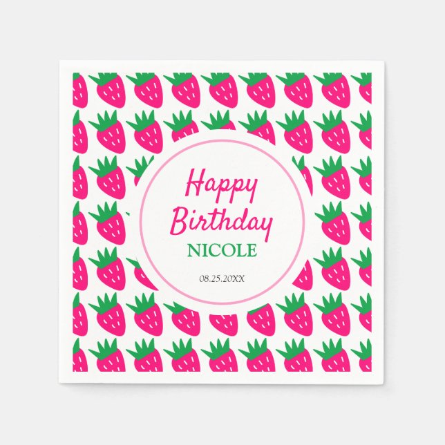 Sweet Cute Strawberry Pink Birthday  Napkin (Front)