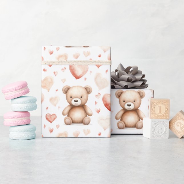 Sweet Cute Teddy Bear Heart Baby Shower Wrapping Paper (Baby Shower)