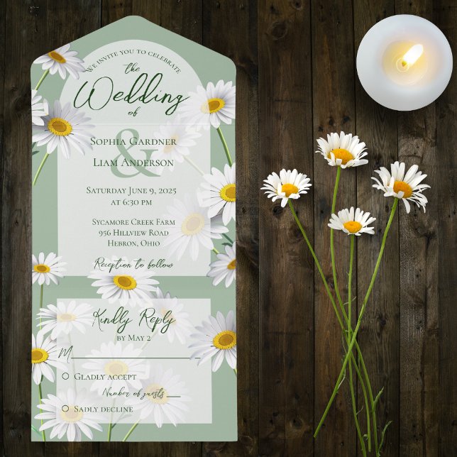 Sweet Daisies on Sage Green All In One Invitation (Also available with QR code)