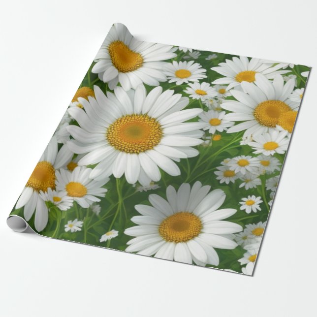 Sweet daisy pattern white floral greenery wrapping paper (Unrolled)
