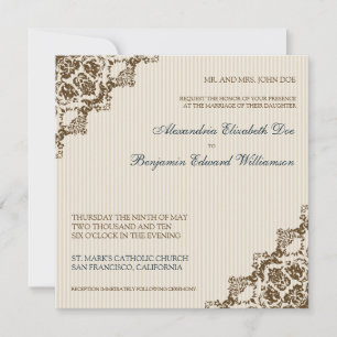Sweet Damask Corners Brown Wedding Invitation