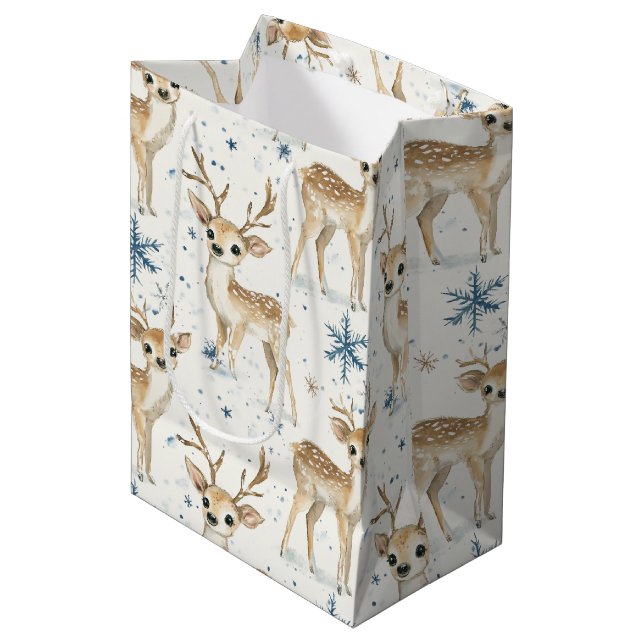 Sweet Deer Blue Christmas Snowflakes Medium Gift Bag (Front Angled)