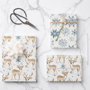 Sweet Deer Blue Christmas Snowflakes Wrapping Paper Sheet