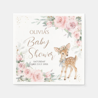 Sweet Deer Blush Pink Floral Baby Shower Welcome Napkin