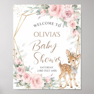 Sweet Deer Blush Pink Floral Baby Shower Welcome Poster