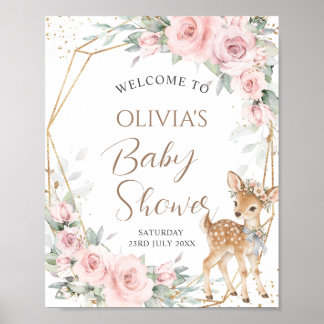 Sweet Deer Blush Pink Floral Baby Shower Welcome Poster