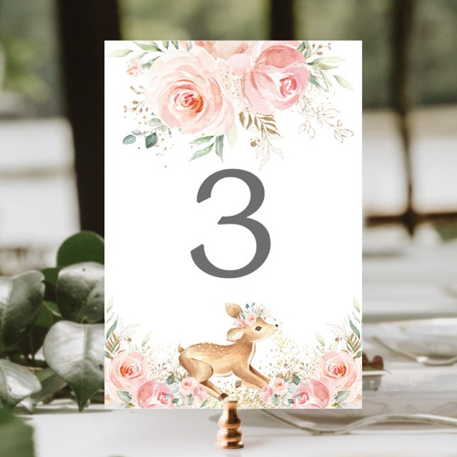 Sweet Deer Blush Pink Floral Girl Baby Shower  Table Number (Creator Uploaded)
