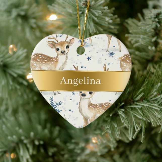 Sweet Deer Snowflakes Gold Ribbon Christmas Ceramic Ornament (Tree)