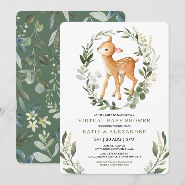 Sweet Deer Woodland Greenery Virtual Baby Shower Invitation (Front/Back)