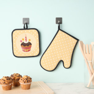 Sweet Delicious Chocolate Birthday Candle Cupcake Oven Mitt & Pot Holder Set