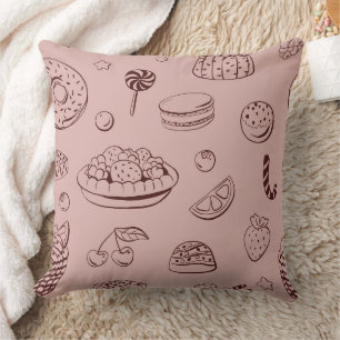 Sweet Desserts & Berry Pie Line Art Pattern Throw Pillow