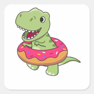Sweet Dino T-Rex Funny Animals In Doughnut Pink Square Sticker