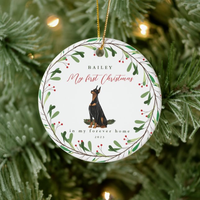 Sweet Dog's First Christmas with Name and Year Ceramic Ornament (Tree)