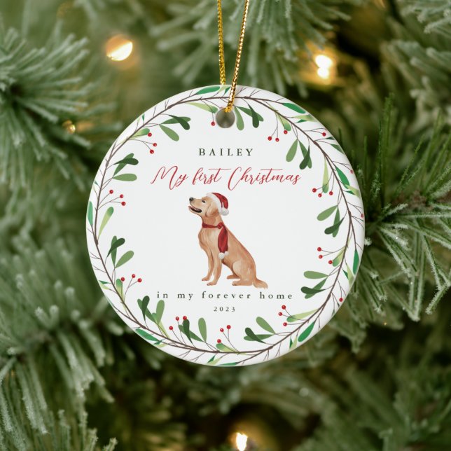 Sweet Dog's First Christmas with Name and Year Ceramic Ornament (Tree)