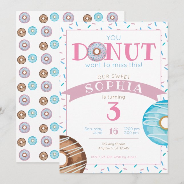 Sweet Doughnut Doughnut Sprinkles Birthday Invitat Invitation (Front/Back)