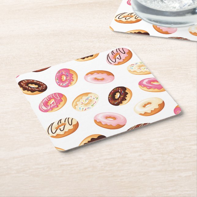 Sweet Doughnut Pattern Square Paper Coaster (Angled)