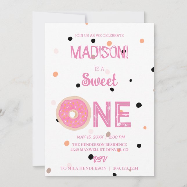 Sweet doughnuts, rainbow colours, sweet first birt invitation (Front)