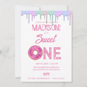 Sweet doughnuts, rainbow colours, sweet first birt invitation