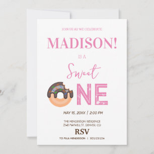 Sweet doughnuts, rainbow colours, sweet first birt invitation