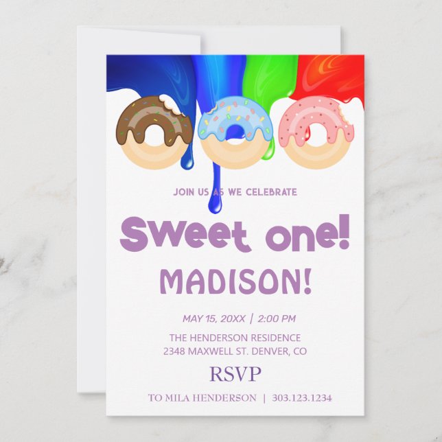 Sweet doughnuts, rainbow colours, sweet first birt invitation (Front)