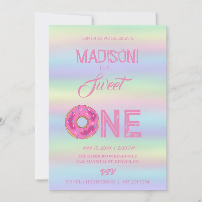 Sweet doughnuts, rainbow colours, sweet first birt invitation (Front)