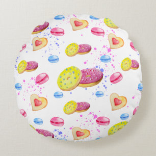 Sweet doughnuts with colourful glaze pattern round pillow