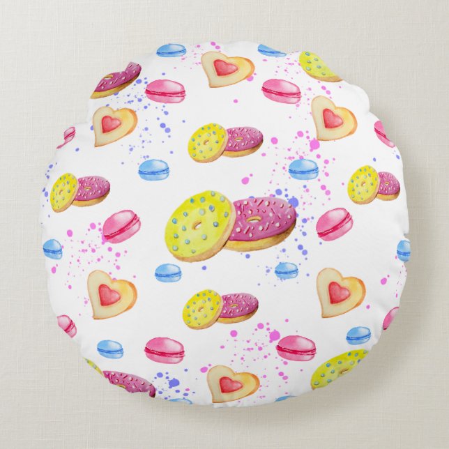 Sweet doughnuts with colourful glaze pattern round pillow (Front)
