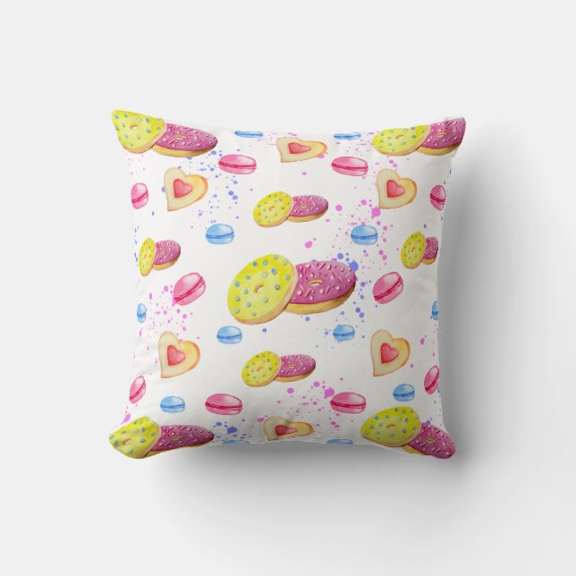 Sweet doughnuts with colourful glaze pattern throw pillow (Front)