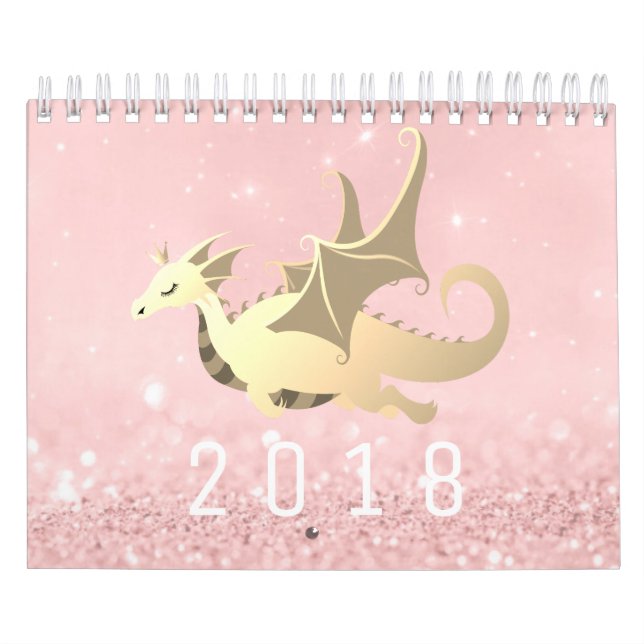 Sweet Dragon Baby Glitter Pink Rose Gold Pastel Calendar (Cover)