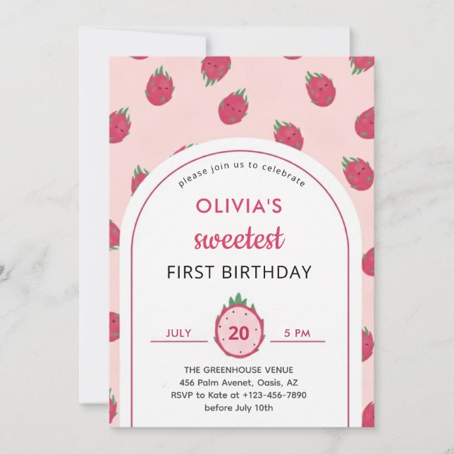 Sweet Dragon Fruit First Birthday Invitation (Front)