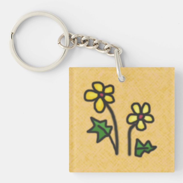 Sweet Drawn Yellow Flowers on any Colour Keychain (Front)