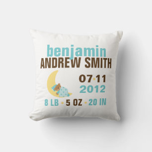 Sweet Dreams Baby Bear Birth Announcement {blue} Throw Pillow