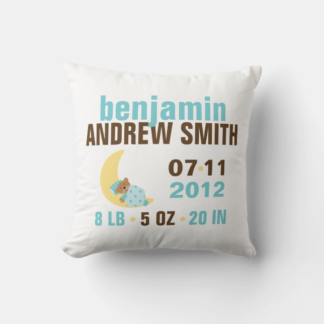 Sweet Dreams Baby Bear Birth Announcement {blue} Throw Pillow (Front)