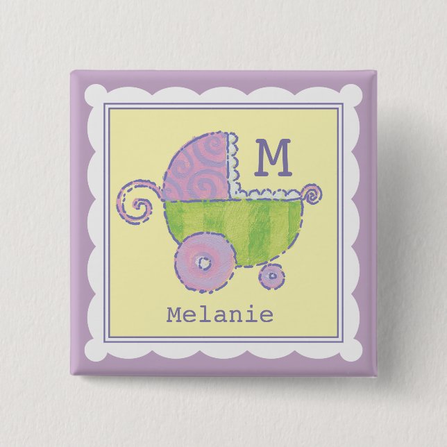 Sweet Dreams Baby Carriage Lavender Monogrammed 2 Inch Square Button (Front)