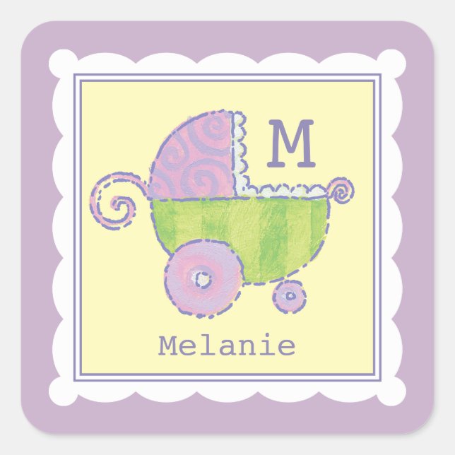 Sweet Dreams Baby Carriage Lavender Monogrammed Square Sticker (Front)